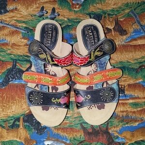 L’artiste Jamila Cabernet Leather Multicolor Wedge Slide Sandal EU 38 US 7.5-8